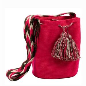 Handwoven Colombian Wayuu Mochila Crimson w/ red white blue strap Bucket Bag